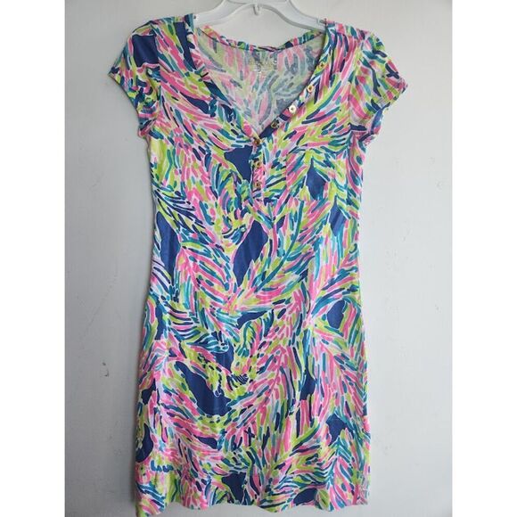 Lilly Pulitzer "Palmira" Pink Blue Palm Reader Pasley Cotton V-Neck Dress sz XS - Picture 3 of 11